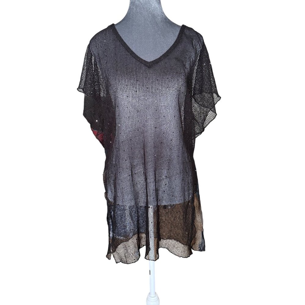 Sheer Black Mesh Tunic Top By Jordan Taylor With V-Neckline & Tie Back Detail Fo